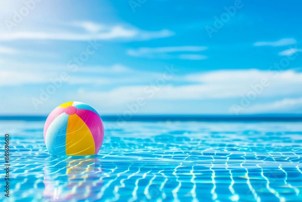 Obraz Colorful beach ball floating in the pool, summer background with blue sky and copy space