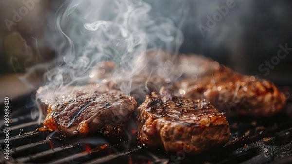 Fototapeta mouthwatering closeup of sizzling meat on grill perfect char marks rising smoke vibrant colors droplets of juice rustic barbecue setting culinary perfection appetizing textures
