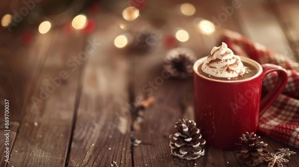 Fototapeta hot cocoa in a mug Christmas themed, laying on a wooden table, desktop or website background