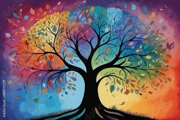 Fototapeta Human brain tree with colorful falling leaves.  Each branch of the tree representing different kind of emotions of human mind. Psychology concept. 