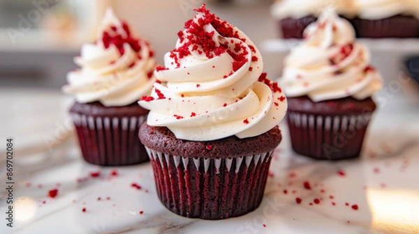 Fototapeta Cute and fluffy 3D red velvet cupcakes that are perfect for any celebration.