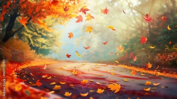 Fototapeta Autumn leaves falling on a winding forest path in soft morning light