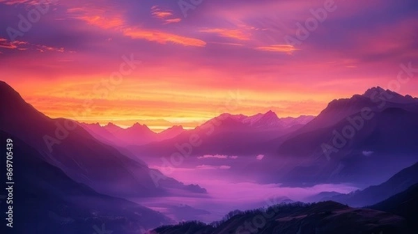 Fototapeta breathtaking mountain sunrise peaks bathed in golden light misty valleys below vibrant sky transitioning from deep purples to warm oranges and yellows