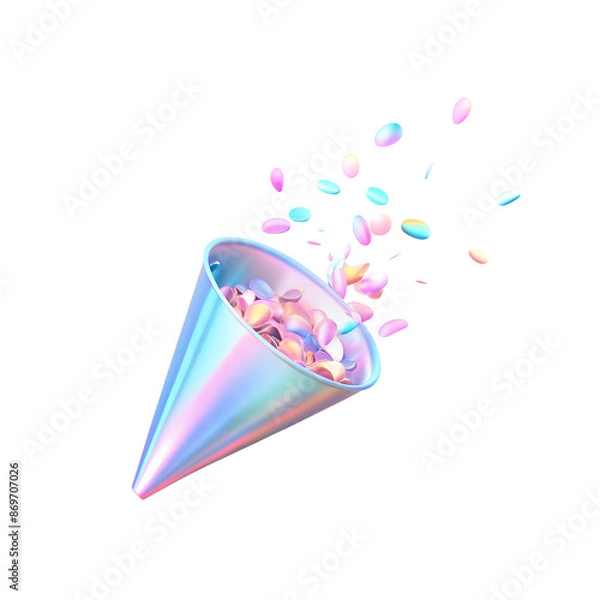 Obraz 3d Holographic confetti cracker, beautiful rainbow overflow, cloud decor, isolated on a transparent background. Ideal for birthdays, cards, and invitations