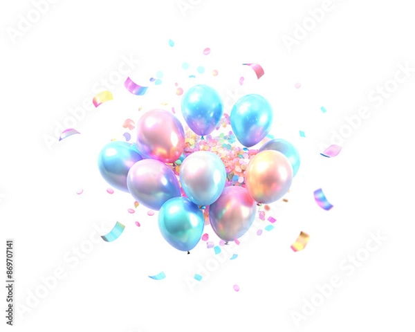 Obraz 3d Holographic ballon confetti , beautiful rainbow overflow, cloud decor, isolated on a transparent background. Ideal for birthdays, cards, and invitations