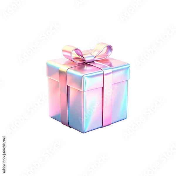 Obraz 3d Holographic gift box, beautiful rainbow overflow, cloud decor, isolated on a transparent background. Ideal for birthdays, cards, and invitations