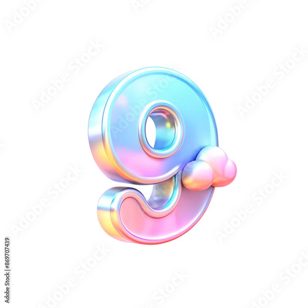 Fototapeta 3d Holographic numbers 9, age, beautiful rainbow overflow, cloud decor, isolated on a transparent background. Ideal for birthdays, cards, and invitations