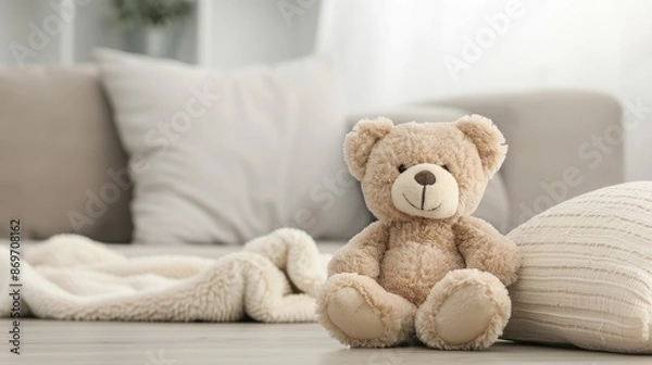 Obraz A plush, brown teddy bear sits on a white couch in a modern living room. The couch is covered in white cushions and a white blanket is nearby
