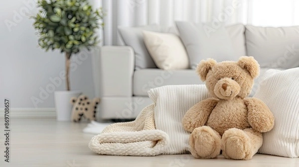 Obraz A plush, brown teddy bear sits on a white couch in a modern living room. The couch is covered in white cushions and a white blanket is nearby