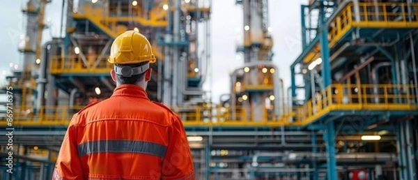 Fototapeta Worker in the petrochemical industry standing in oil rafinery complex Postproducted generative AI illustration, add copyspace for text