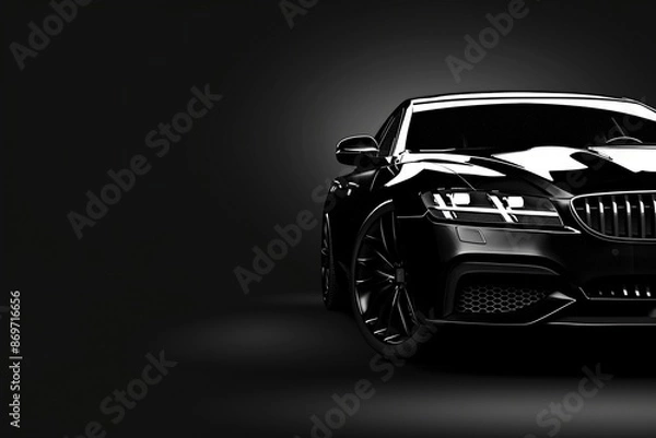 Fototapeta Close-up of a car's front fender and headlights illuminating a smoky grey and black backdrop.