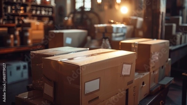 Fototapeta Stacked Cardboard Boxes in a Storage Room