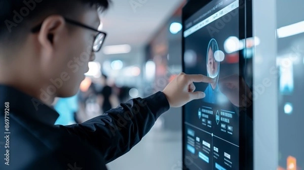 Obraz A person interacting with a digital touchscreen, analyzing data and information in a modern technological environment.