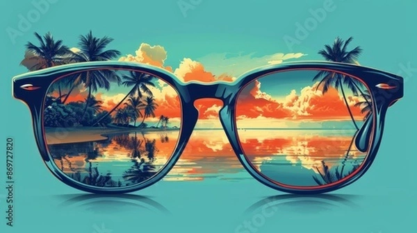 Fototapeta A tropical beach reflected in stylish sunglasses, showcasing a serene sunset with palm trees and calm waters.
