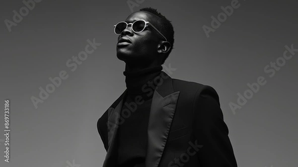 Fototapeta black man in black clothes on a monochrome background. Black and white photo - Portrait of a serious young afro american man dressed in all black on a minimalistic background