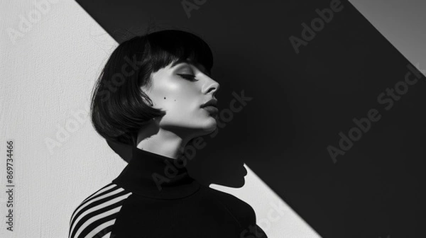 Fototapeta man in black clothes on a monochrome background. Black and white photo - Portrait of a beautiful young woman dressed in all black on a minimalistic background