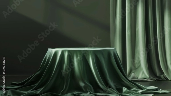 Fototapeta The setting features a green podium, luxurious curtains, and stylish lighting, conveying an artistic and elegant atmosphere. It exudes chic and sophisticated vibes with a focus on design and ambiance