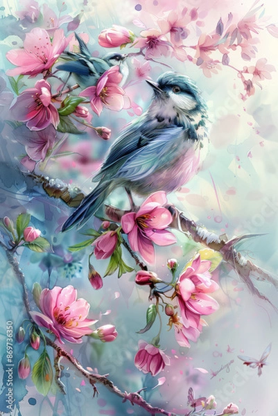 Fototapeta birds on branch with pink blossoms