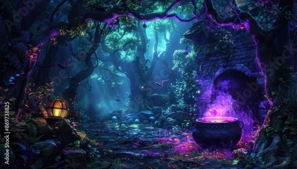 Obraz A mystical witch's lair with a bubbling cauldron, glowing lanterns, and lush foliage in an enchanted forest.