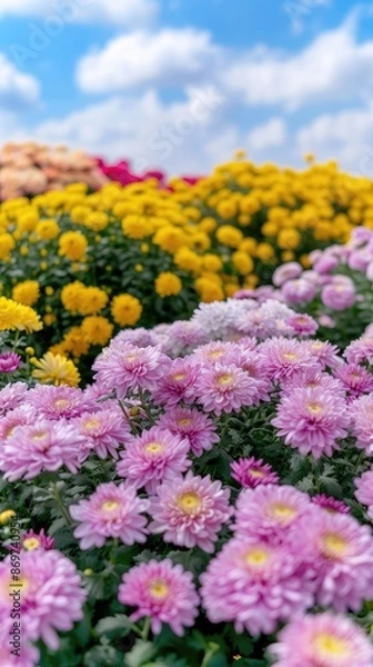 Fototapeta A close-up image of pink and yellow chrysanthemums blooming against a blue sky with white clouds