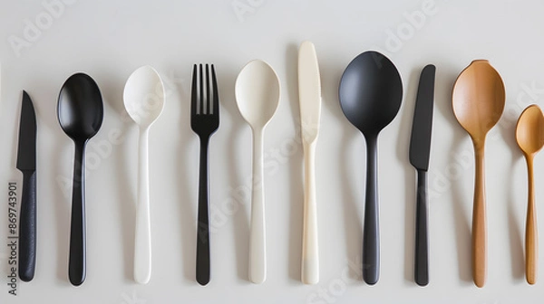 Fototapeta Cutlery knife, spoons, forks on a dark concrete background. AI Generated