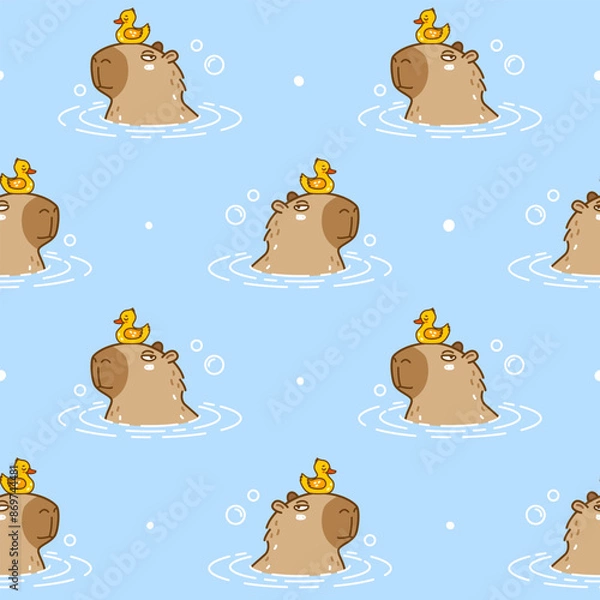 Obraz Seamless pattern with cute сartoon capybaras swimming with bath duck  - funny animal background for Your textile and wrapping paper design 2