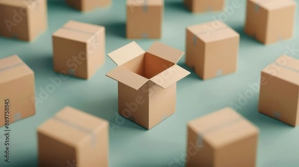 Fototapeta Selfassembling boxes adjust their shape and size based on the contents, offering a futuristic solution for shipping and storage, with copy space