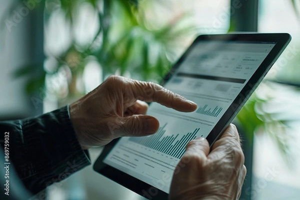 Obraz Close-up of a hand using a tablet to analyze data