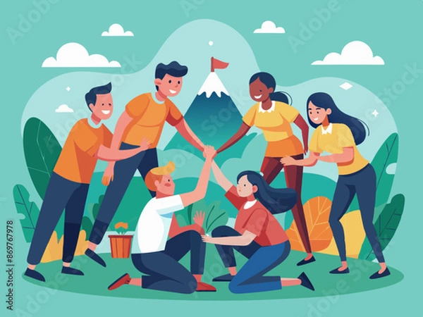 Obraz A group of workers engaged in a team-building retreat