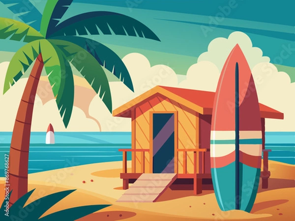 Fototapeta Surfboard leaning against a beach hut