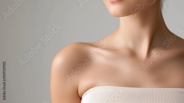 Fototapeta Close-up of a woman's shoulder and collarbone area, highlighting smooth, radiant skin in a soft, neutral background.