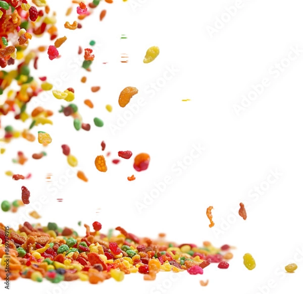Obraz Exploding fruity pebbles cereal, individual separated and pieces floating in Isolated on Transparent background.