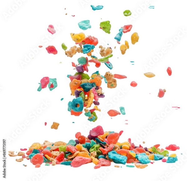 Fototapeta Exploding fruity pebbles cereal, individual separated and pieces floating in Isolated on Transparent background.