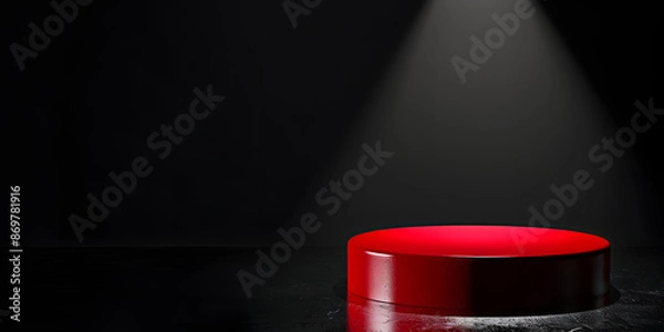 Fototapeta Glossy red podium with spotlight, set against a dramatic black background, perfect for bold fashion statements or high-impact product launches