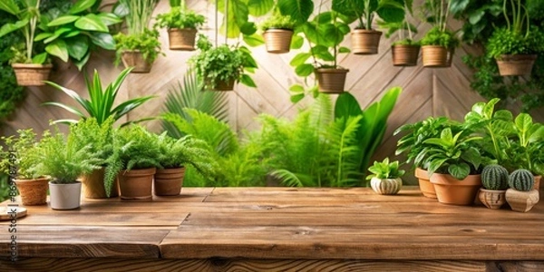 Fototapeta Wooden Tabletop with Green Plants and Pots in a Garden Setting