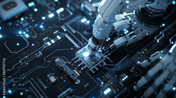 Fototapeta robotic arm assembling a digital circuit board