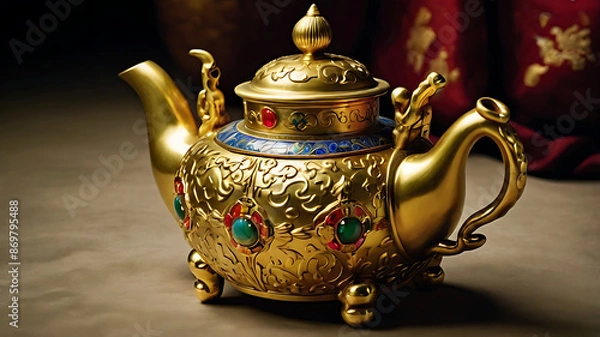 Fototapeta gold teapot with a chain around.