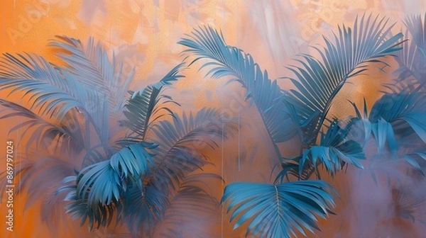 Fototapeta   A painting featuring palm trees against a warm yellow-orange backdrop with a prominent blue palm tree in the foreground