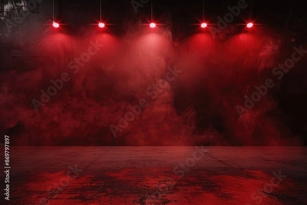 Fototapeta Dark stage with red background  neon lights  spotlights  studio room.