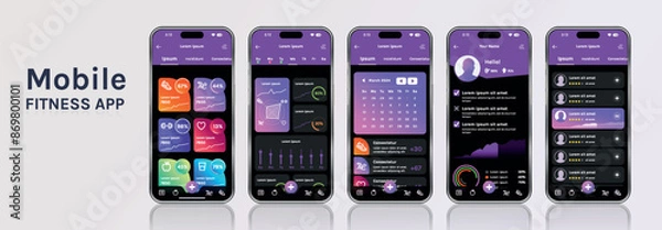 Fototapeta A mobile application for fitness and health with a modern design. The program interface is built on the basis of bright gradients and minimalist elements, which makes it attractive and simple.