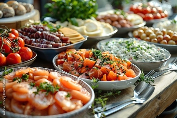 Obraz Swedish Smörgåsbord - An assortment of Swedish dishes like meatballs, gravlax, and cheeses on a buffet table.