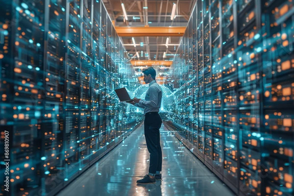 Fototapeta Innovative Technology Leader Overseeing Data Center Operations in Warehouse Harnessing Digitalization Streams for SAAS Cloud Computing and Web Services