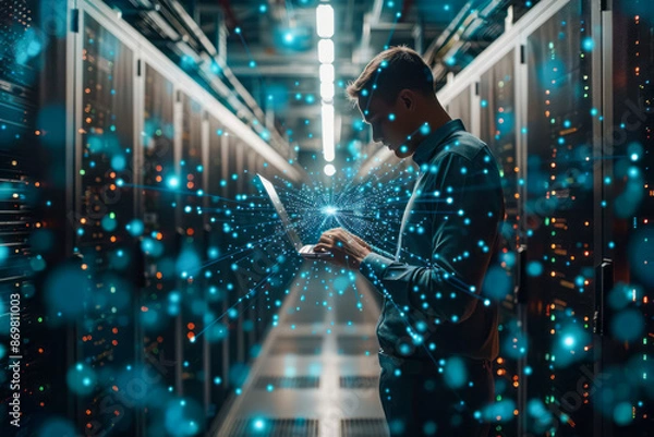 Fototapeta Innovative Data Center CTO Managing Servers in Warehouse Streaming Digitalization Lines SAAS Cloud Computing Web Service Integration