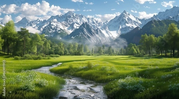 Fototapeta Beautiful green meadow with a stream and forest in the background with snow-capped mountains. High resolution photo with high detail in the style of a hyper-realistic painting.