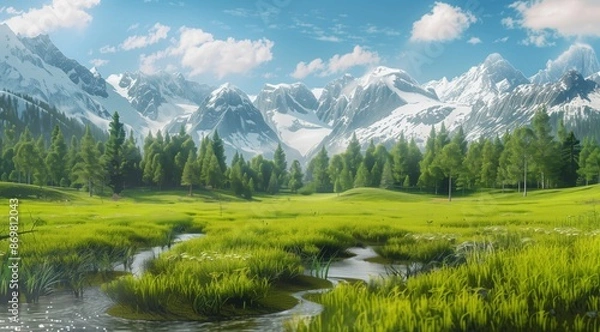 Fototapeta Beautiful green meadow with a stream and forest in the background with snow-capped mountains. High resolution photo with high detail in the style of a hyper-realistic painting. 