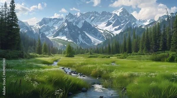 Fototapeta Beautiful green meadow with a stream and forest in the background with snow-capped mountains. High resolution photo with high detail in the style of a hyper-realistic painting.