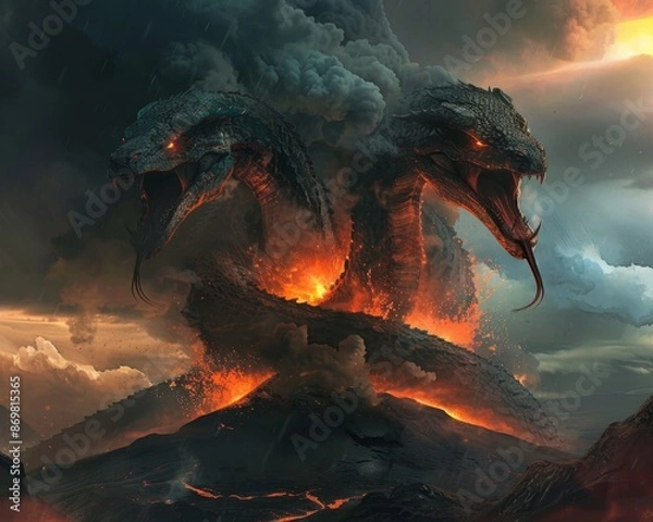 Fototapeta Mythical Two Headed Serpents Coiling Around Volcanic Peak Emitting Plumes of Smoke and Ash