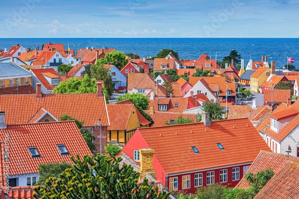Fototapeta Scenic view of the charming town Gudhjem on the island Bornholm, Denmark.