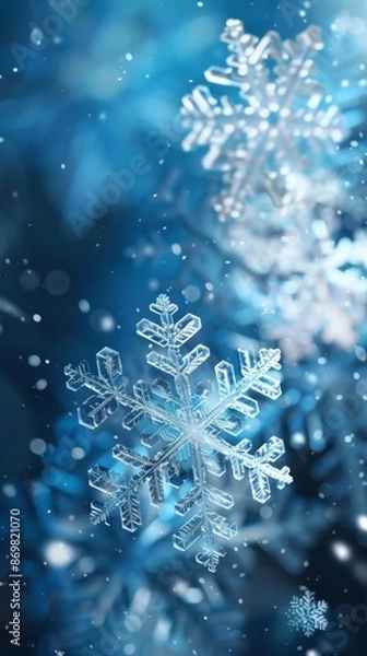 Obraz Winter background with snowflake. Christmas floating ice crystals in bright colors. Close-up of landscape with snow and ice.