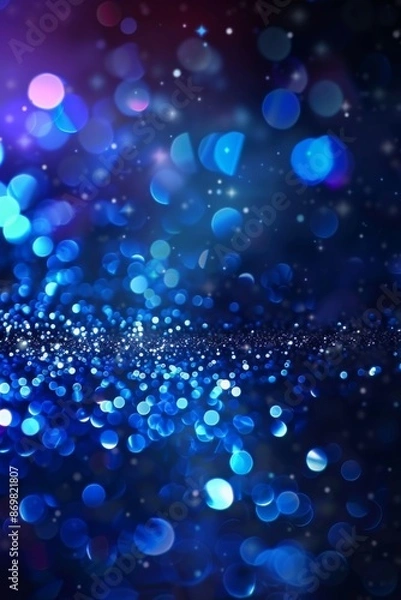 Obraz Bokeh background with sapphire glow. Unfocused royal blue glow. Crystal drops and sequins wallpaper. Holiday texture confetti wallpaper.